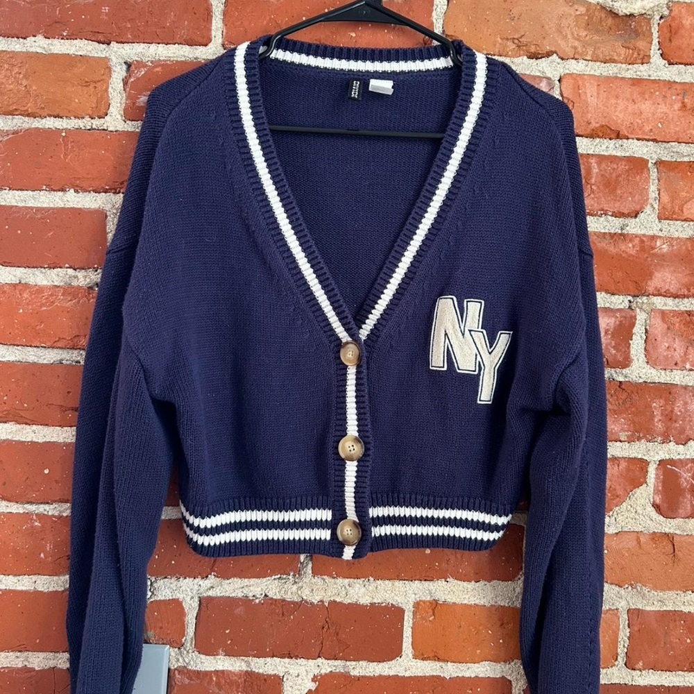 H&M Dark Blue Cardigan with White Accents
